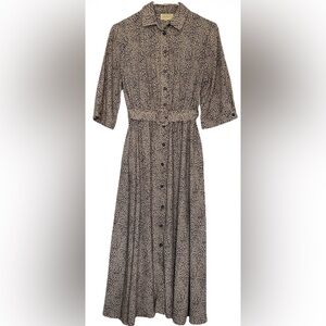 Melloday Animal Print Collared Button Belted Midi Dress S Beige Black Pockets